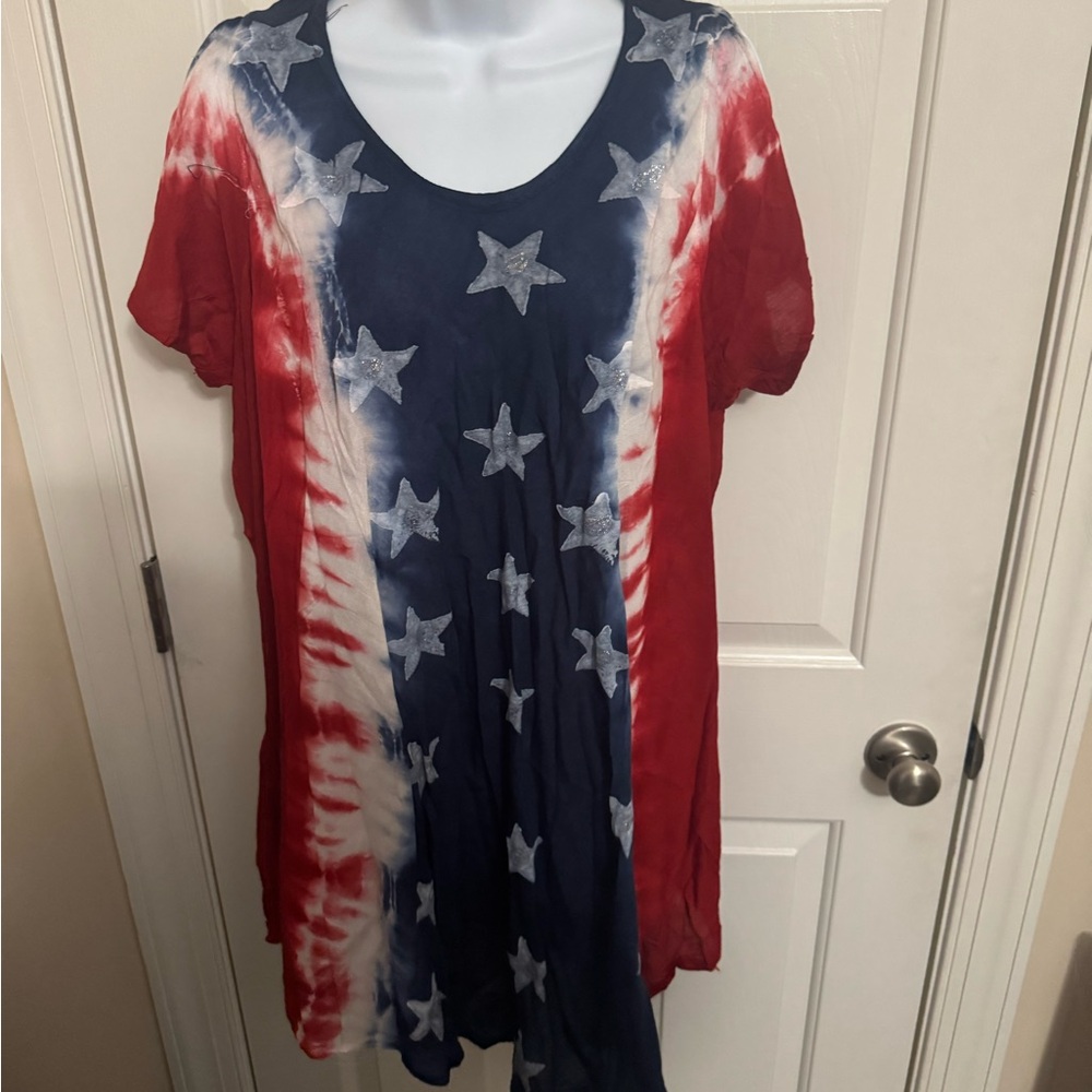 Seven Islands Womens 3X Tie Dye Cold  Shoulder Top Red White Blue USA Stars NWT